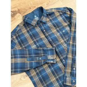 KUHL Mens Medium Blue Brown Plaid Flannel Button Up Shirt Style 7202 Long Sleeve